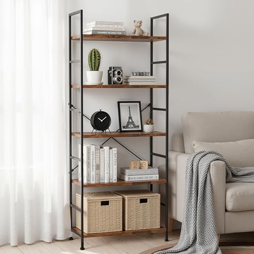 Image of HealSmart 5 Tier Bookshelf, Free Standing Book Shelf Home Office Bookcase Shelf Storage Organizer for Bedroom, Living Room, Bathroom, Office, Balcony, Rustic Brown