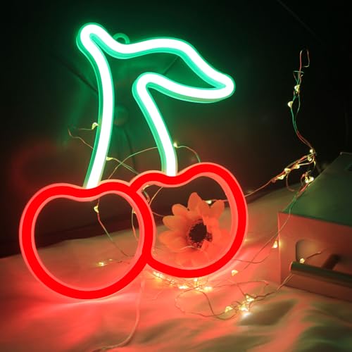 Image of Cherry Neon Sign Red Green Cherries Neon Lights Cute Fruits LED Signs for Kids Room Restaurant Bar Fruit Shop USB Battery Neon Signs for Wall Decor