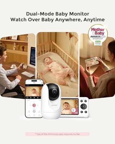 Momcozy Monitor de bebé inteligente WiFi con cámara y audio, pantalla 1080P de 5 pulgadas con montaje en pared, detección de movimiento y llanto, valla segura, visión nocturna clara, batería de 5000 mAh, conversación de 2 vías, grabación de fotos y video, BM04
