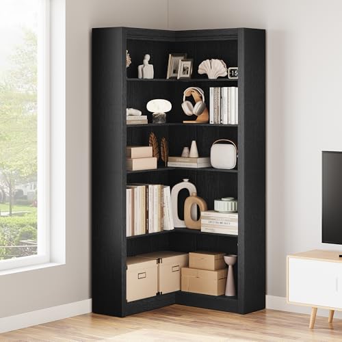 GarveeHome Corner Bookshelf, 71.8'' Black Corner Bookcase, L-Shaped Bookshelf Farmhouse Bookcase, 5 Tier Display Shelf Heavy Duty Bookcases, Bookshelves with Storage (Black)