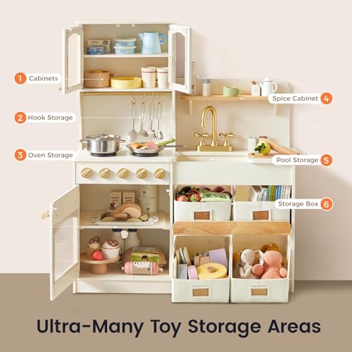 Image of Tiny Land Wooden Play Kitchen for Kids with Toy Storage for Pretend Play