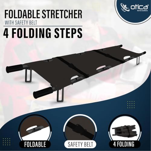 Image of OTICA Foldable Stretcher for Patient Shifting, Portable Stretcher for Emergency Hospital Use, Stretcher for Patient with Safety Belt, Stretcher for Ambulance (Mild Steel, Four Fold, Black)