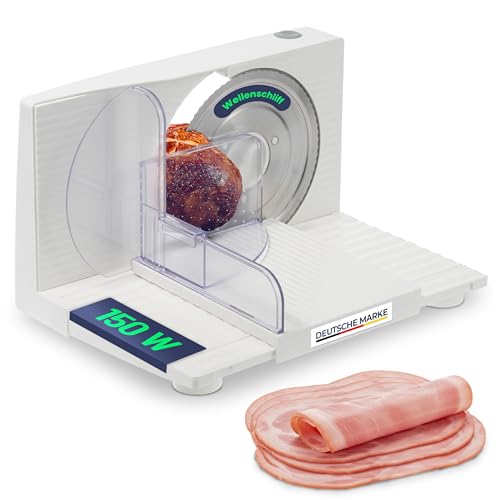 Sommertal Allesschneider AS170 150W Edelstahlmesser mit Wellenschliff, platzsparend klappbar, elektrische Schneidemaschine Brotschneidemaschine, Profi Aufschnittmaschine weiß 0-15mm