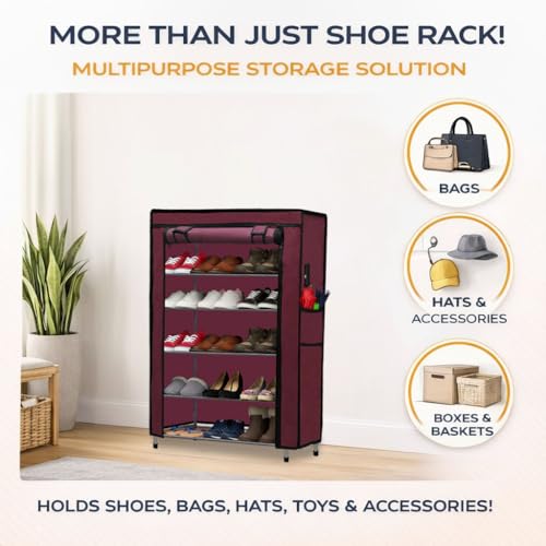 Image of Metal Shoe Stand with Cover, 5 Tier Shoe Organizer for Home & Office - Maroon