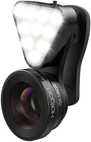 Holigoo 2 in 1 Cell Phone Camera Lens Kit with Beauty LED Flashlight, 0.4X Super Wide Angle Lens + 15X Macro Lens, Clip-on Phone Camera Lenses for iPhone 7, 6s, 6, 5s & Most Smartphones