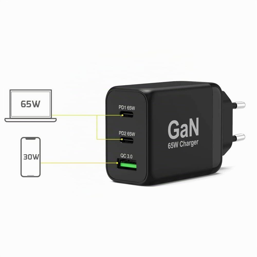 Port Connect Chargeur Mural gan USB-c Power Delivery™ & USB-a Quick Charge 65w avec câble Type c 2 mètres Noir Prise EU