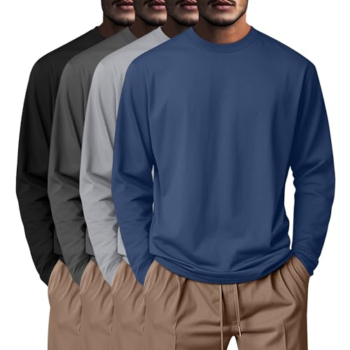 Neer 4 Pack Mens Big and Tall Shirts, 95% Cotton Long Sleeve Crewneck Casual Tops Plus Size Basic Tee Shirts Multipack