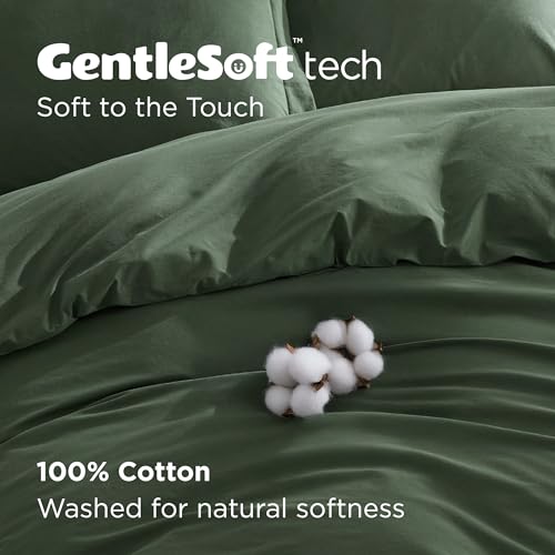 Bedsure 100% Washed Cotton Duvet Cover Queen Size - Olive Green Minimalist Cotton Duvet Cover Linen Like for All Seasons - GentleSoft™ Plain Simple Bedding (Olive Green, Queen, 90"x90")