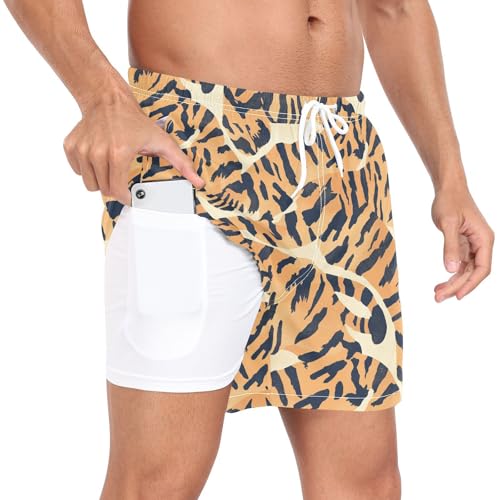 Animal Print Yellow Men's Swimwear Trunks Men Lined Inseam Bathing Suit with Compression Liner Quick Dry S3