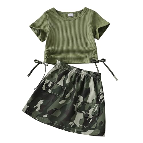 Girls2-Piece Skirt Set T-Shirts and Camoe Skirt Outfits(green 7-8 years)
