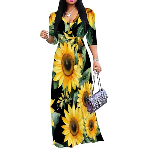 Sunflower-Printed Midi DressサイズS ENLACHIC Women's Summer Sunflower Printed Round Neck Short
