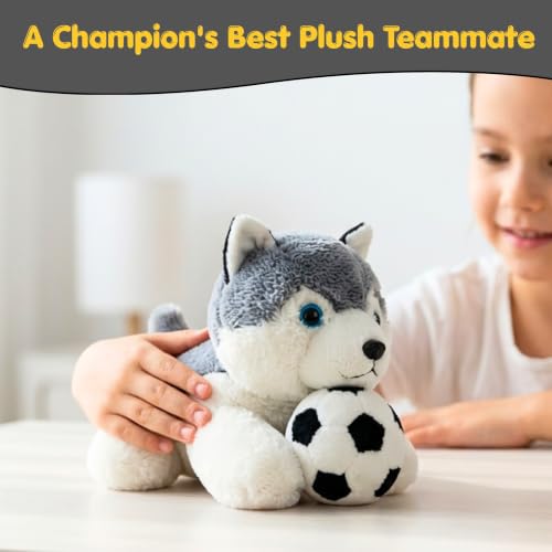 Image of Tickles Cute Husky Dog with Football Soft Stuffed Plush Animal Sports Theme Toy for Kids Boys & Girls Birthday Gifts (Size: 28 cm Color: White & Grey)