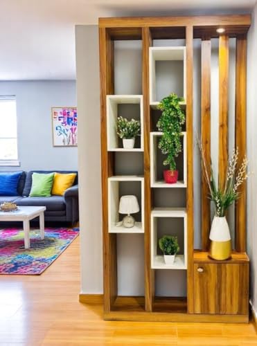 Image of MKH KRAFTS Hand Carved Wooden Room Divider & Partition Panel Decorative Room Separator with Open Shelf Divider for Living Room Kitchen & Office Brown. (72x40 Inch)