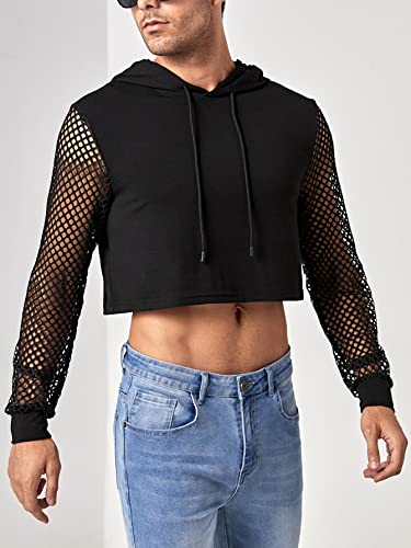 WDIRARA Men's Fishnet Mesh Long Sleeve Drawstring Crop Hoodie Sweatshirt Pullover3