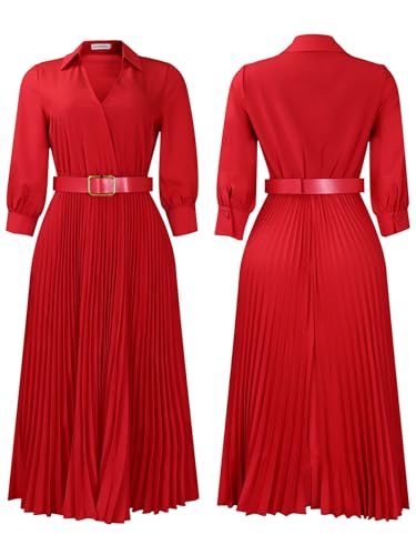 Image of Famnbro Womens Pleated Dress V Neck Long Sleeve A line Church Formal Works Business Dresses with Belt