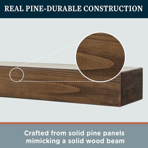 MANTELSDIRECT Dakota 60 Inch Pine Wood Floating Fireplace Mantel Shelf - Mocha Brown | 9\" Depth - Beautiful Wooden Rustic Mantel for Fireplaces, Living Rooms, Electric Fireplaces, and below TVs