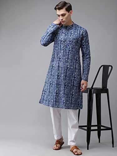 Image of See Designs Blue & White Cotton Regular Fit Printed Kurta Set