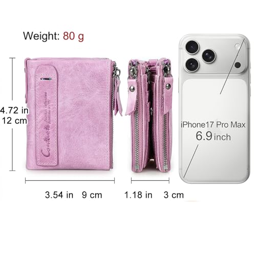 Image of CONTACTS Soft Leather Wallet for Women Small Bifold Coin Purse Double Zipper Card Holder with RFID Blocking (Pinkish Purple)