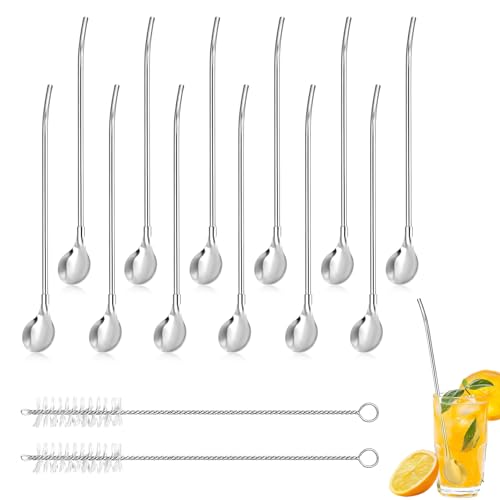 12PCS Pajitas De Acero Inoxidable Cuchara, 2 en 1 de Acero Inoxidable con 2 Cepillos de Limpieza, Cucharas Largas para Smoothies, Granizados, Batidos, Cócteles y Tés Helados