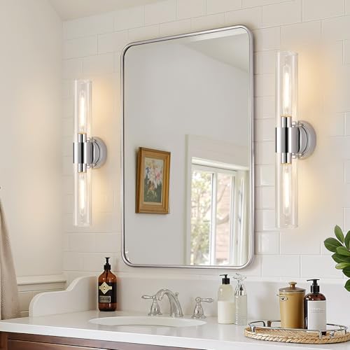 Image of Wall Sconces Set of Two, Modern Bathroom Sconces Wall Lighting with & Clear Glass Glass, Chrome Sconces Wall Decor Set of 2 for Bathroom Mirror Bedroom Living Room Hallway