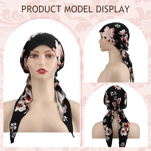 Image of Halfchet 4 Pcs Chemo Headwear for Women Pre Tied Cancer Caps Head Scarf Turbans for Women Patients Gifts