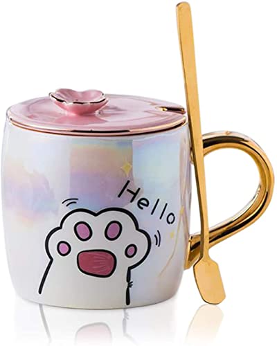 KKGUD Taza de té de cerámica con tapa y cuchara, taza de café de 12 onzas (pata de gato (Hello)) Cover