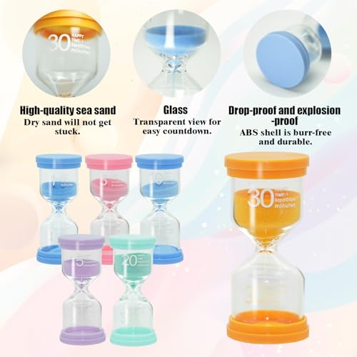 Jomdjmskes 6 Stück Sanduhren Set Für Kinder, 1/5/10/15/20/30 Minuten Sand Timer, Anti Fall Bunter Sanduhr, Zähneputzen, Zahnputzuhr, Zeitmanagement, Kreative Geschenke für Leben der Kinder, Lernen