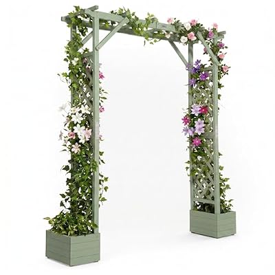VINGLI Wooden Garden Arbor with Planter, Wedding Arch for Ceremony, Wood Garden Arbour Trellis for Plant Climbing, Pergola for Garden Backyard, Lawn, Outdoor (Olive Green)