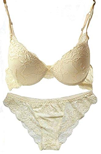 ZUKULIFE Nature Mujer Delgado De Encaje Push Up 3/4 Taza de Sujetador y Bragas Conjuntos - (Beige ES-95C)