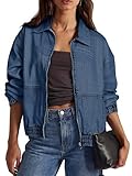 Glamaker Womens Oversized Jean Jacket Turn Down Long Sleeve Zip Up Loose Fit Bomber Denim Jacket with Pockets Casual Outerwear (Dark Blue M)