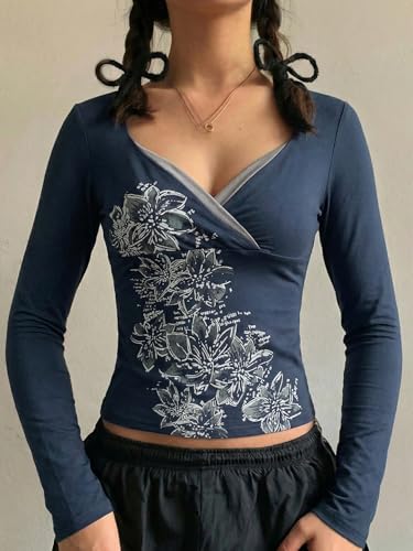 Image of EMMIOL Y2K Fairy Grunge Short Sleeve Shirts for Women Vintage Floral Graphic V Neck Cute Going Out Tops Emo Summer Tee