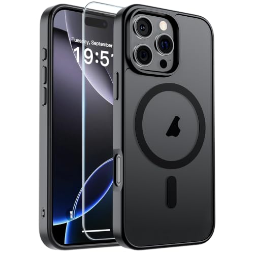 Image of SUPFINE Magnetic for iPhone 16 Pro Case with Screen Protector (Compatible with MagSafe)(Military Grade Drop Protection) Translucent Matte Phone Cover,Black