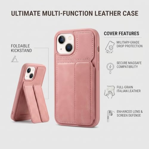 Image of amazon basics Luxury Vegan Leather Back Cover for iPhone 14 | Built-in Card Holder Slot | Integrated Mobile Stand | Slim Shockproof Protective Case with Stitched Finish - Pink