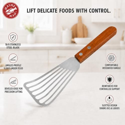 Image of Maine Man Angled Fish Spatulas, 18 /8 Stainless Steel Blades, For Delicate Foods, Draining Liquids, And Everyday Cooking, Set Of 2