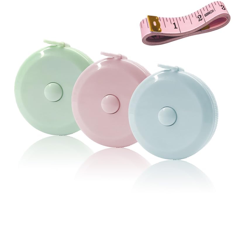 Paquete de 3 cintas métricas para tela corporal, costura, sastrería, manualidades, pérdida de peso, medidas retráctiles, 60 pulgadas, 1.5 metros, botón pequeño, reglas de doble escala