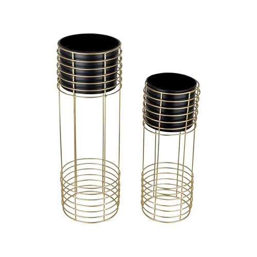 Image of Metal Floor Planter with Stands (Set of 2), Modern Tall Planter for Home Decor, Decorative Plantpot for Living Room Balcony Office, Big Plant Stand with Pots (Plants not Included) (Black Pot & Gold Stand)