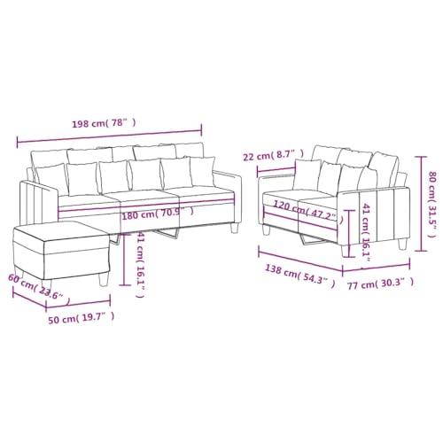 vidaXL Sofagarnitur 3-TLG., Sessel Couch mit Kissen Fußhocker, Sofa Wohnzimmersofa mit Armlehnen, Couchgarnitur Designsofa Sitzmöbel Polstermöbel, Weinrot Stoff – Bild 4