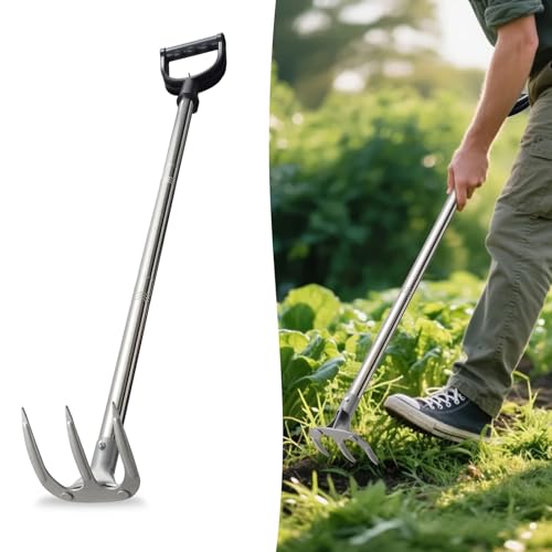 COCONUT 50” Long Handle Weeding and Cultivating Rake, 3-Tine Garden Rake for Stand Up Gardening, No Bending or Kneeling to Loosen Soil, Heavy Duty Steel with D-Grip Handle
