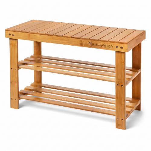 Purawood Bamboo 3 Tier Shoe Rack Bench, Premium Shoe Organizer or Entryway Bench, Perfect for Shoe Cubby, Entry Bench, Bathroom Bench, Entryway Organizer, Hallway or Living Room