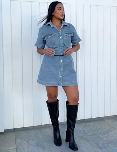 Denim Shirt Dress for Women Short Sleeve, Jean Stretch Button Down Dresses for Summer4