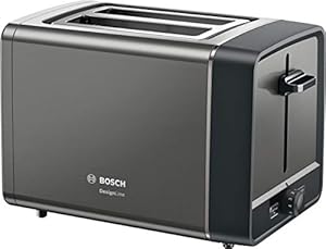 Bosch Kompakt Toaster DesignLine TAT5P425DE, integrierter Edelstahl-Brötchenaufsatz, mit Abschaltautomatik, mit Auftaufunktion, perfekt für 2 Scheiben Toast, Liftfunktion, breit, 970 W, grau