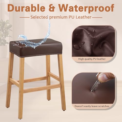Image of PU Leather Bar Stool Covers Rectangular, 100% Waterproof Stool Covers Rectangle Super Stretch 20% Thicker Leather Saddle Stools Cover Rectangular Counter Bar Stools with Elastic Band (2 PCS, Coffee)