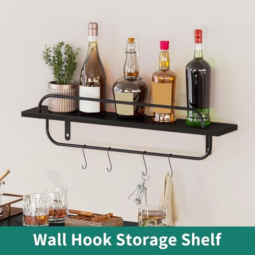 DWVO Mini Home Bar Unit Table with Wall-Mounted Shelf Rack & Music Sensing LED Light, Modern Liquor Wine Bar Cabinet with Footrest and Storage for Home Kitchen Pub Living Room, Black