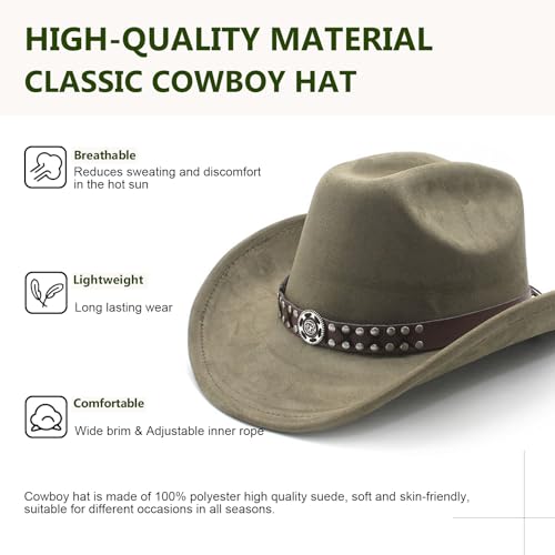 Image of Cowboy Hat for Women Men Wide Brim Western Cowgirl Hat Roll up Brim with Belt Buckle Classic Suede Country Cowboy Hat