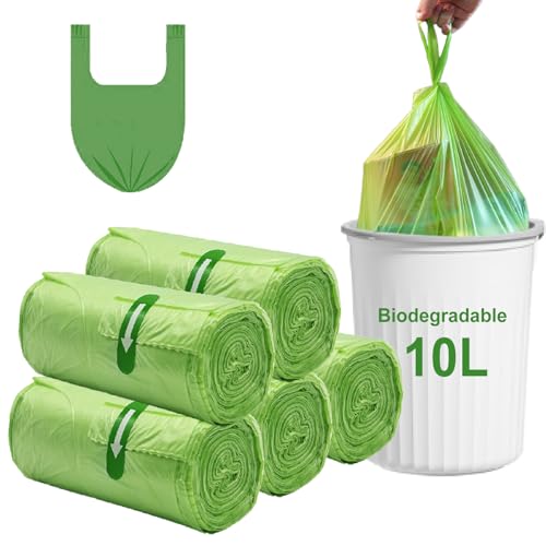 Biodegradable Bin Liners 10L, 100 Counts Small Food Waste Bags, Rwoyurr Tie Handle Compostable Caddy Bag, Thick Recycling Degradable Clear Green Trash Garbage Rubbish Bag for Kitchen Bathroom, 45x60cm