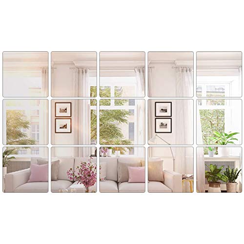 15 Pieces Mirror Sheets Decals Self Adhesive Mirror Tiles Non-Glass Mirror Stickers (8 x 8 Inch)