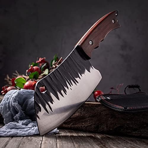 Meat Cleaver Knife, Stainless Steel Cleavers Portable Slaughter and Bone Peeling Knife Hammer Stone Blackened Craft Cutting Knife with Knife Cover