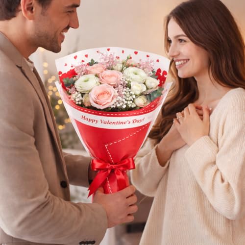 Image of Oasis - 20 Sheets Korean Style Waterproof Premium Bouquet Wrapping Sheet (58cm x 58cm, 60 Microns) | Valentine Special Design, Giftwrap for Flowers & DIY Gift Wrapping Paper For Valentines Day - Red