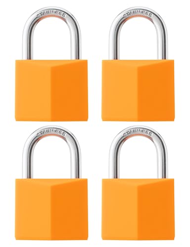 Image of 4-Pack Keyed Alike Locks, Orange Covered Brass Keyed Padlock with Stainless Steel Shackle, 1-9 /16 Inch Lock Body, Rustproof Locks for Luggage Gate Fence Hasp Cabinet Toolbox Gym School Locker