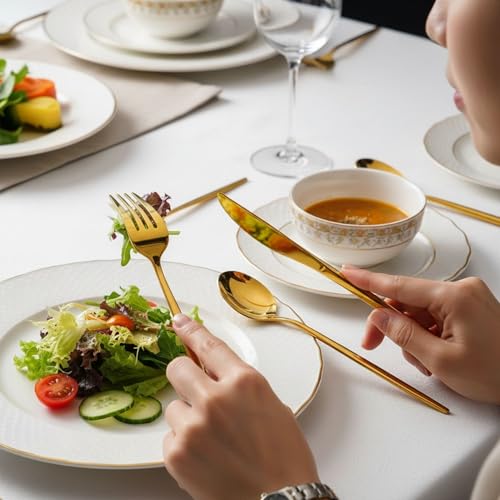 Image of 16 Pcs Gold Slim Handle Stainless Steel Cutlery Set for Dining Table with Spoons and Forks Set + Butterknives - The Perfect Tableware /Flatware